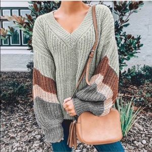 Gray Sweater with Stripe Sleeves